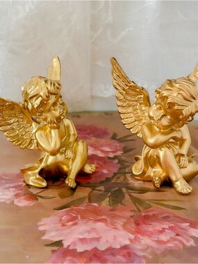 Whimsical fairycore enchanting set of 2 cherub angels resin decor painted gold